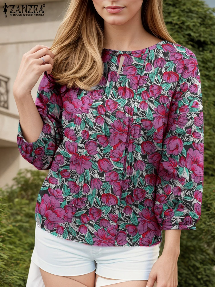 ZANZEA mode bohème femmes impression florale Blouse hauts 3/4 manches bouffantes chemises décontractées 2025 automne col rond Vintage Blusas Femme