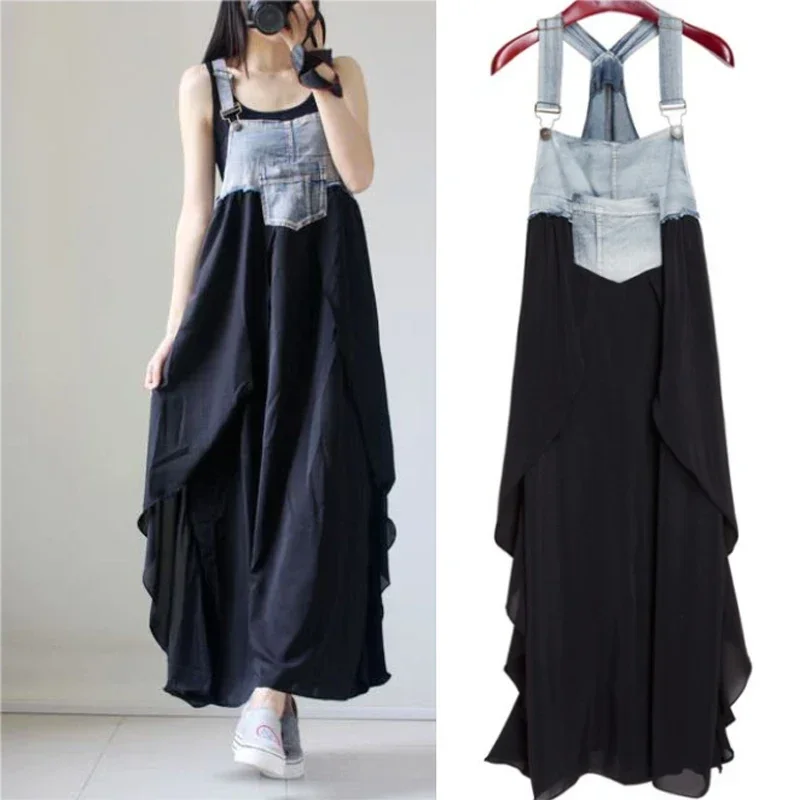 

New classic Women Summer Braces Dress Denim Patchwork Maxi Dress Bottom High Waist Loose Casual Beach Dress