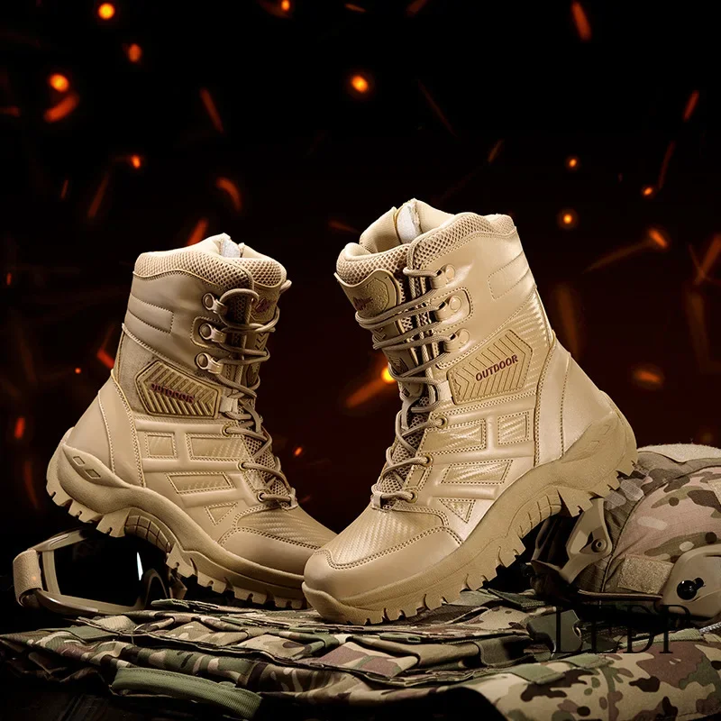 

High Quality Men's Brand High-Top Leather Boots Breathable Desert Combat Men's Boots Outdoor Shoes Non-slip Hiking Ankle Boots