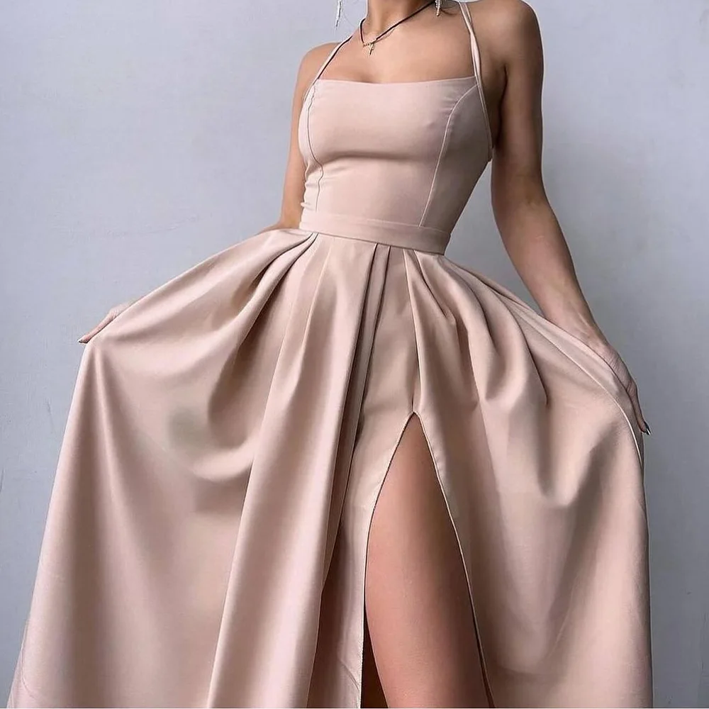 A-Line Halter Front Slit Satin Sleeveless Classic and Temperament Evening Dresses Pleats Backless Open Back Saudi Arabia 2024