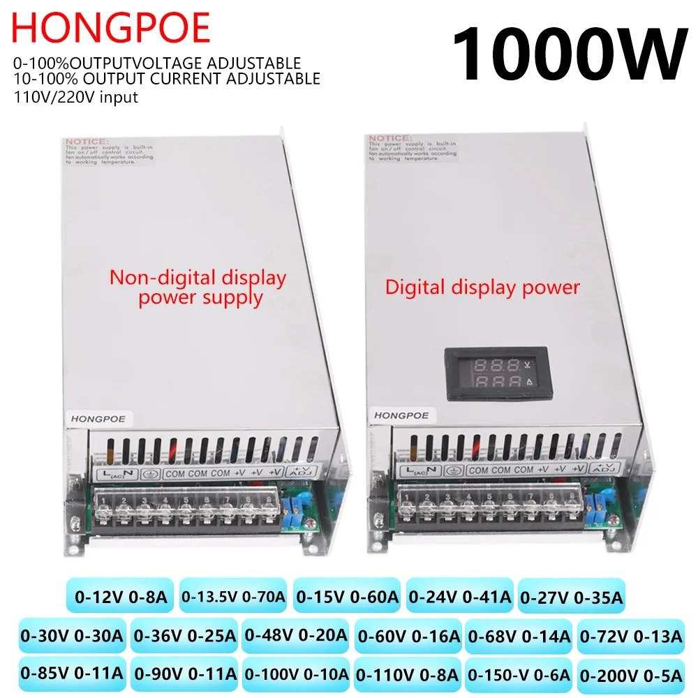 1000W Adjustable Power Supply 0-12V 15V 24V 27V 30V 36V 48V 60V 68V 72V 85V 90V 100V 110V 150V 200V Digital display power AC-DC