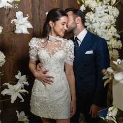 Qanz Chic Mini Wedding Dress Appliques Short Sleeves Sheath O-Neck Lace-up Bridal Civil Above Knee Marriage Gowns Customized