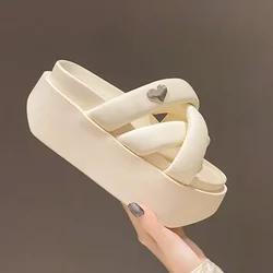 Summer 2023 Chunky Sandals Women's Thick Bottom Wedge Heels Slides 8CM High Heels Platform Leather Casual Beach Flip Flops Woman