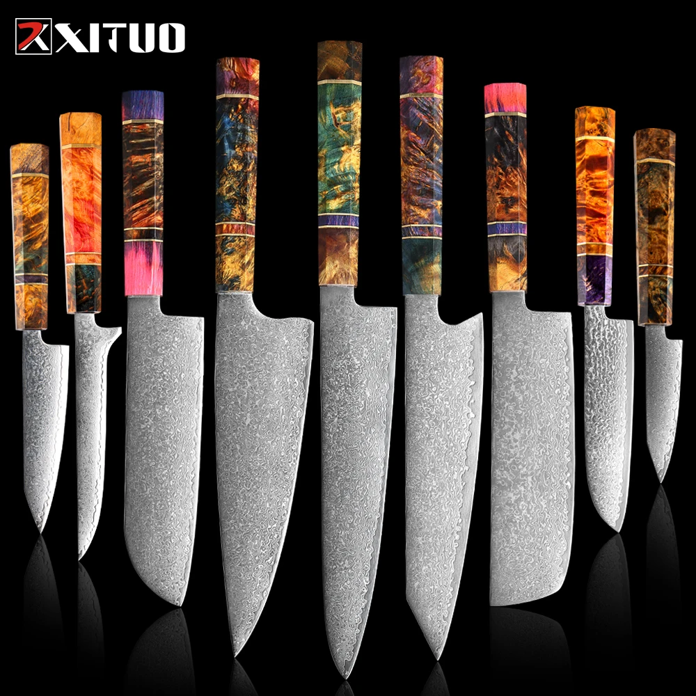 XITUO Damascus Kitchen Knife Set Chef Nakiri Knife 67 Layers Japanese Damascus Steel Chef Knife Razor Sharp Blade Colorful Wood