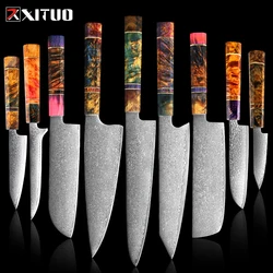 XITUO-Juego de cuchillos de cocina de Damasco, cuchillo de Chef Nakiri de 67 capas, cuchillo de Chef de acero de Damasco japonés, cuchilla afilada de madera colorida