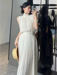 Elegant High Necked Wrinkled Shoulder Strap Dress For Women'S Summer Vacation Style, Gentle And High-End Long Skirt