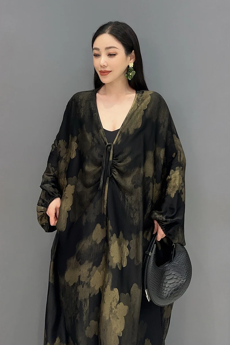 Summer New Elegant V Neck Women Printed Vintage Loose Long Dresses Female Fashion Batwing Sleeve Dress Wholesale