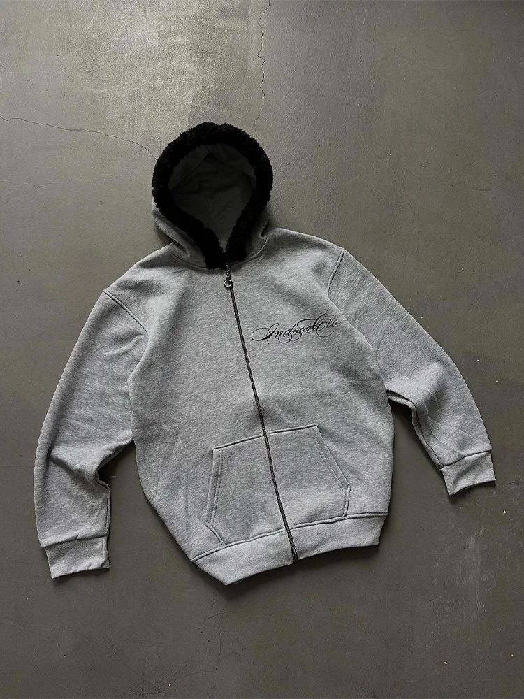 Zimowa ciepła bluza z kapturem, podszyta sztucznym futrem, damska, modna, z nadrukiem, zapinana na zamek, damska, codzienna, oversize, streetwearowa, wygodna bluza z kapturem, 2026