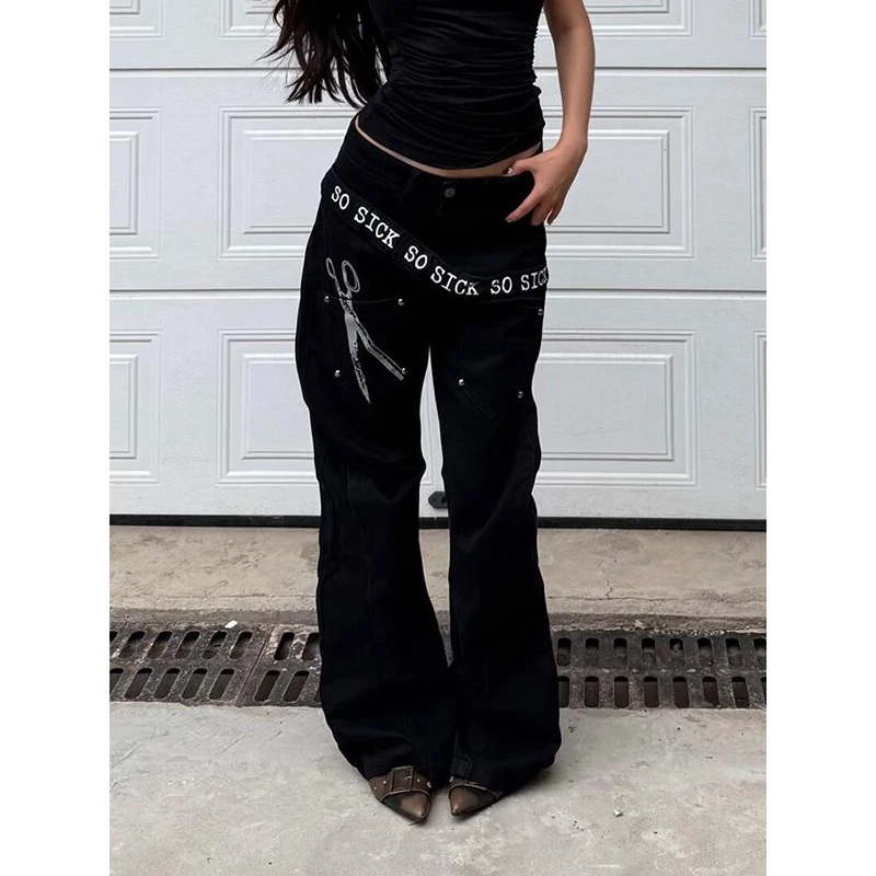 

Женские черные джинсы с высокой талией, прямые модные брюки в стиле хип-хоп, уличная одежда, Harajuku Y2K Star 2025, женские широкие джинсовые брюки