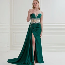 Women's Evening Dress Emerald Green Satin Crystal Illusion Evening Gowns Mermaid/Trumpet High Split Sweetheart Luxury Prom Dress