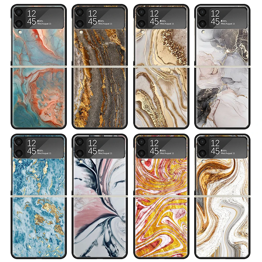 Fashion Gold Pink Geometric Marble Phone Case For Samsung Z Flip 6 5 4 3 Galaxy ZFlip6 5G Flip5 Flip4 Black Hard Camera Protecti