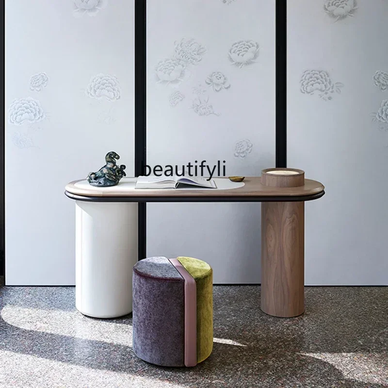 

Italian minimalist entrance household solid wood dresser high-end leather finish walnut table