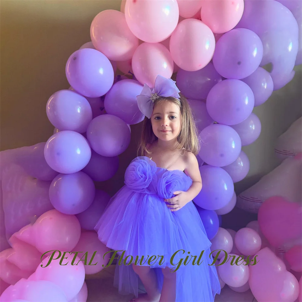 

Petal Taro Purple Princess Girls Dress Transparent Spaghetti Strap Ball Gown Party Tutu Dresses 3D Floral Tutu Fluffy Prom Gown