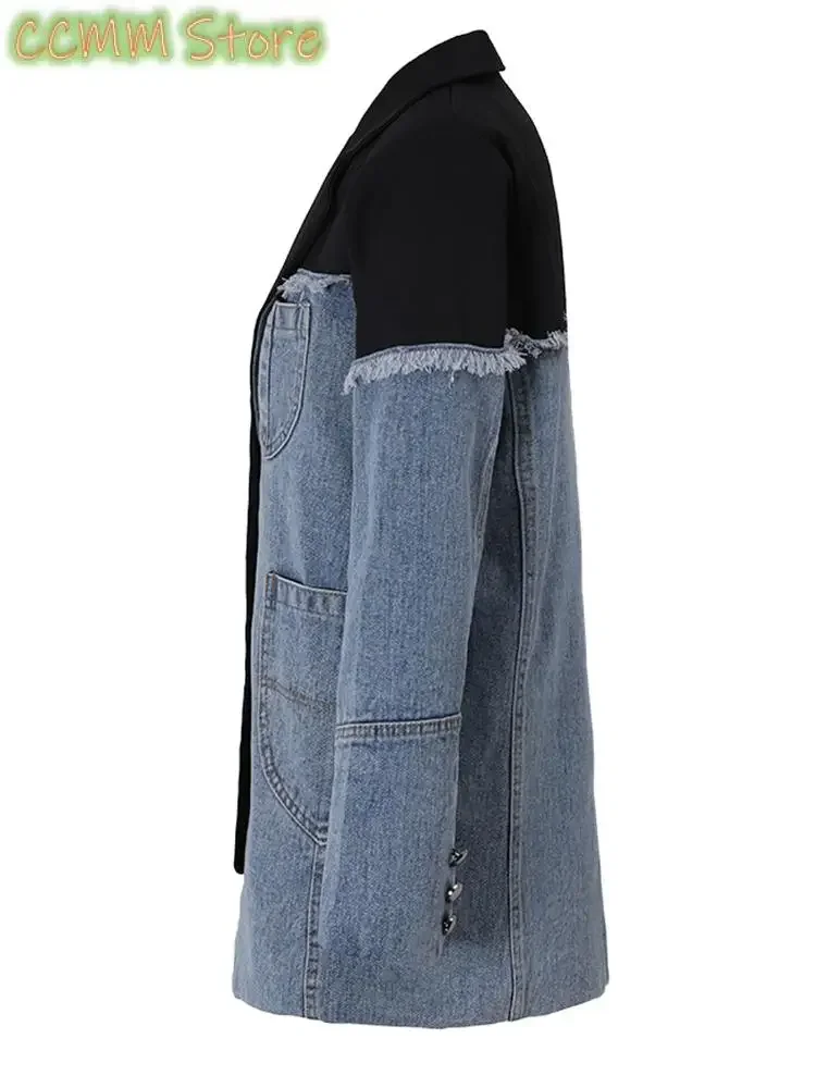Women Blue Denim Irregular Casual Blazer New Lapel Long Sleeve Loose Fit Jacket Fashion Tide Spring Autumn