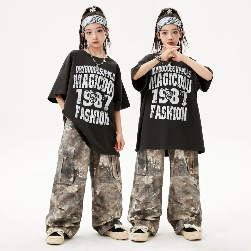 

Girl Hip Hop Retro Loose T-shirt Boy Camouflage Cargo Pants Street Dance Children Streetwear Kids K-pop Costume Jazz Clothes Set