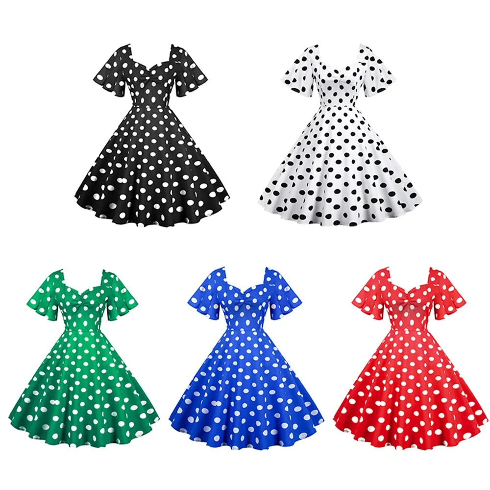 Women Summer Dress Butterfly Sleeve Swing Vintage Dresses Robe Femme Elegant Green Polka Dot Party Sundress Jurken