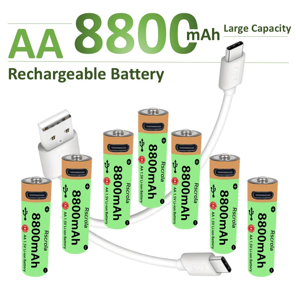 

Long-Lasting AA Rechargeable Li-ion Battery 1.5V 8800mAh Type-C AA Batteries for Flameless Candles, Flashlights, Remote controls