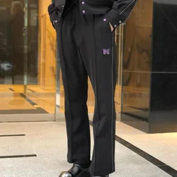 Arrival Purple Butterfly Embroidery Black Cotton Trousers Track Stripe Button Casual Oversize Men Women 1:1 Flared Pants