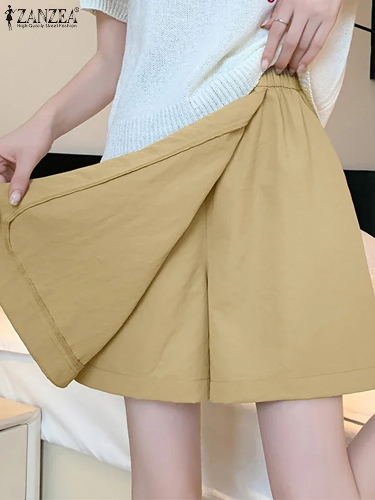 ZANZEA Sommer-Shorts mit weitem Bein, 2025, Damen-Hosen, elastische Taille, Pantalons, modische Taschen, lässig, einfarbig, Shorts, Röcke, Übergröße