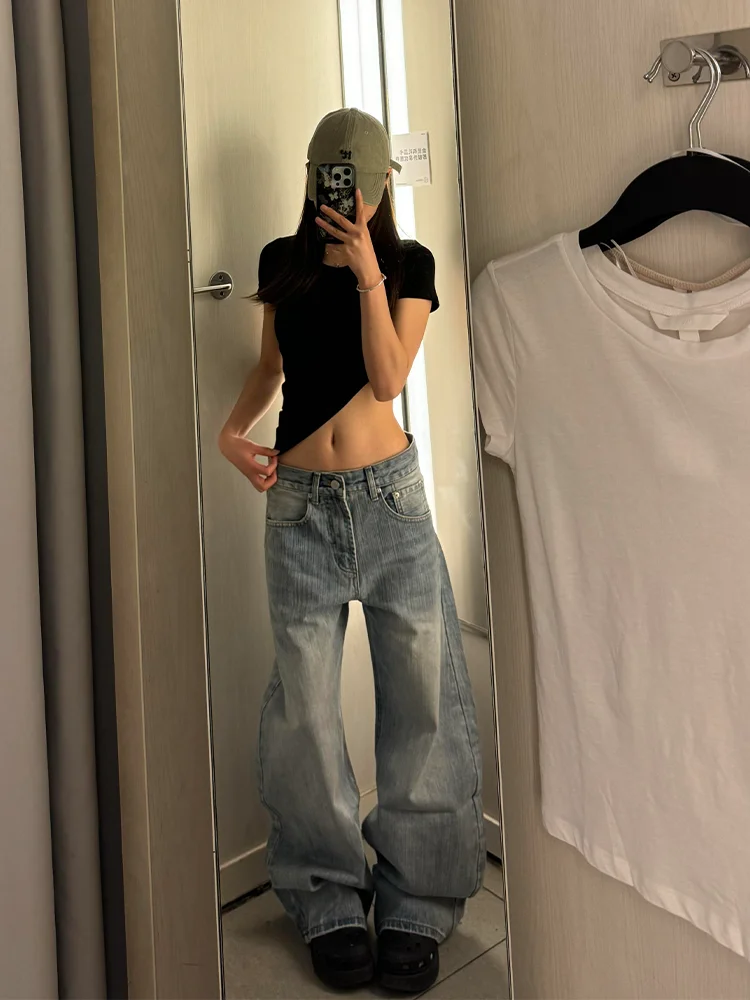 Retro Blue Denim Jeans Women's Summer Design Washed Loose Wide Leg Straight Cut Trousers Large Size Bamboo Fiber Texture