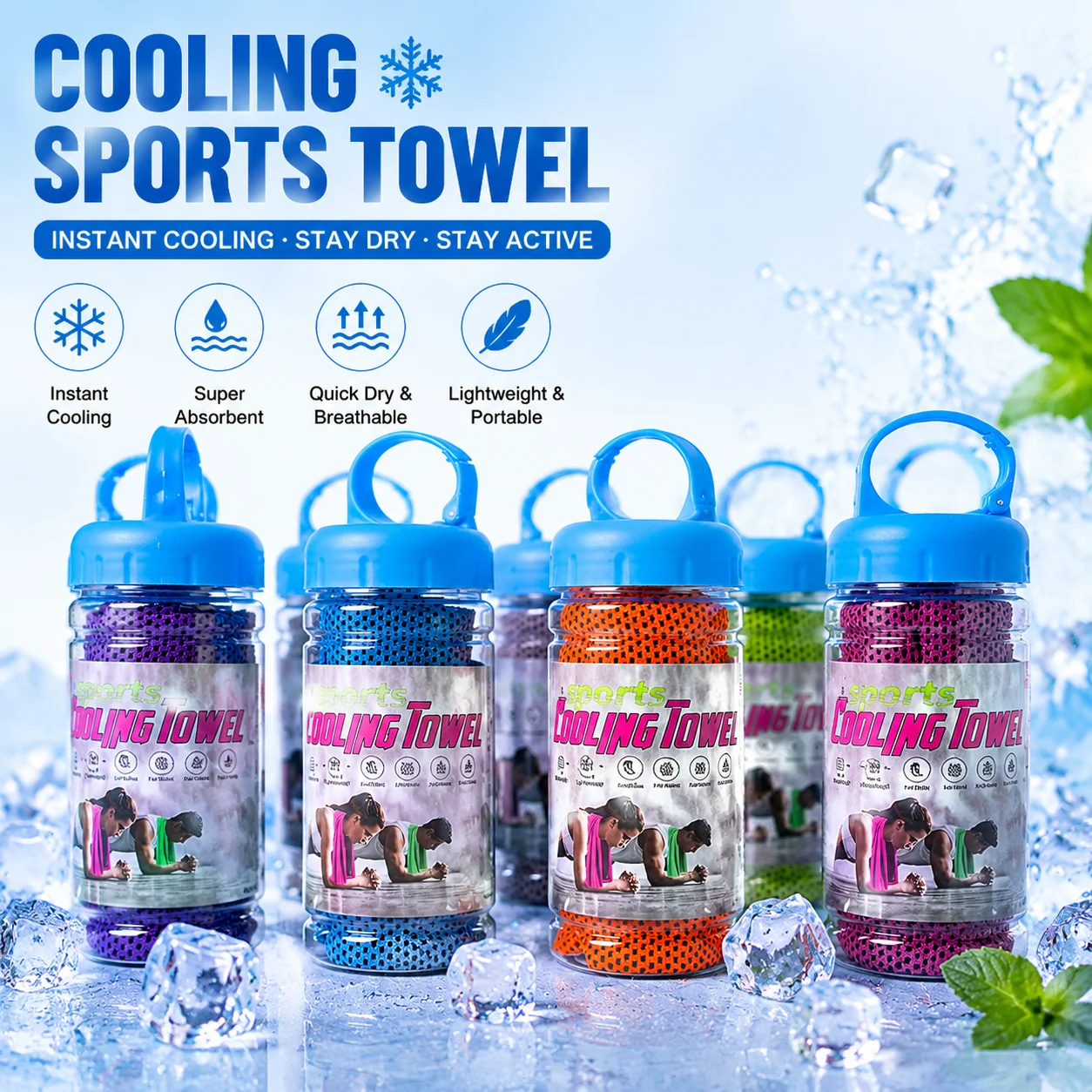 Instant Cooling Sports Towel Quick Dry Ice Cold Towel Portable PE Bottle Pack Sweat Absorbent for Gym Yoga Running Outdoor Sport