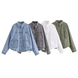 Tangada 2024 New Women Solid Oversize Crop Denim Jacket Boyfriend Style Female Coat Outwear 4M096