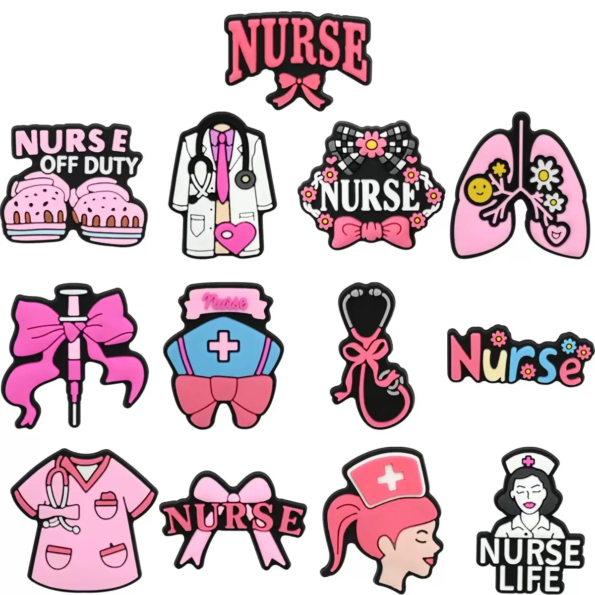 1-13PCS Cartoon Nurse Off Duty Bow Hat PVC Shoe Charms Sandals Accessories Garden Shoes Buckles Clog Fit Wristbands Decorations