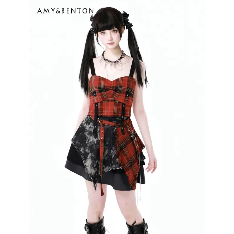 

25COSHigh Street Subculture клетчатый слинг, соответствующий цвету, нерегулярная мини-юбка, комплекты из двух предметов, женские наряды, комплекты юбок Y2K S