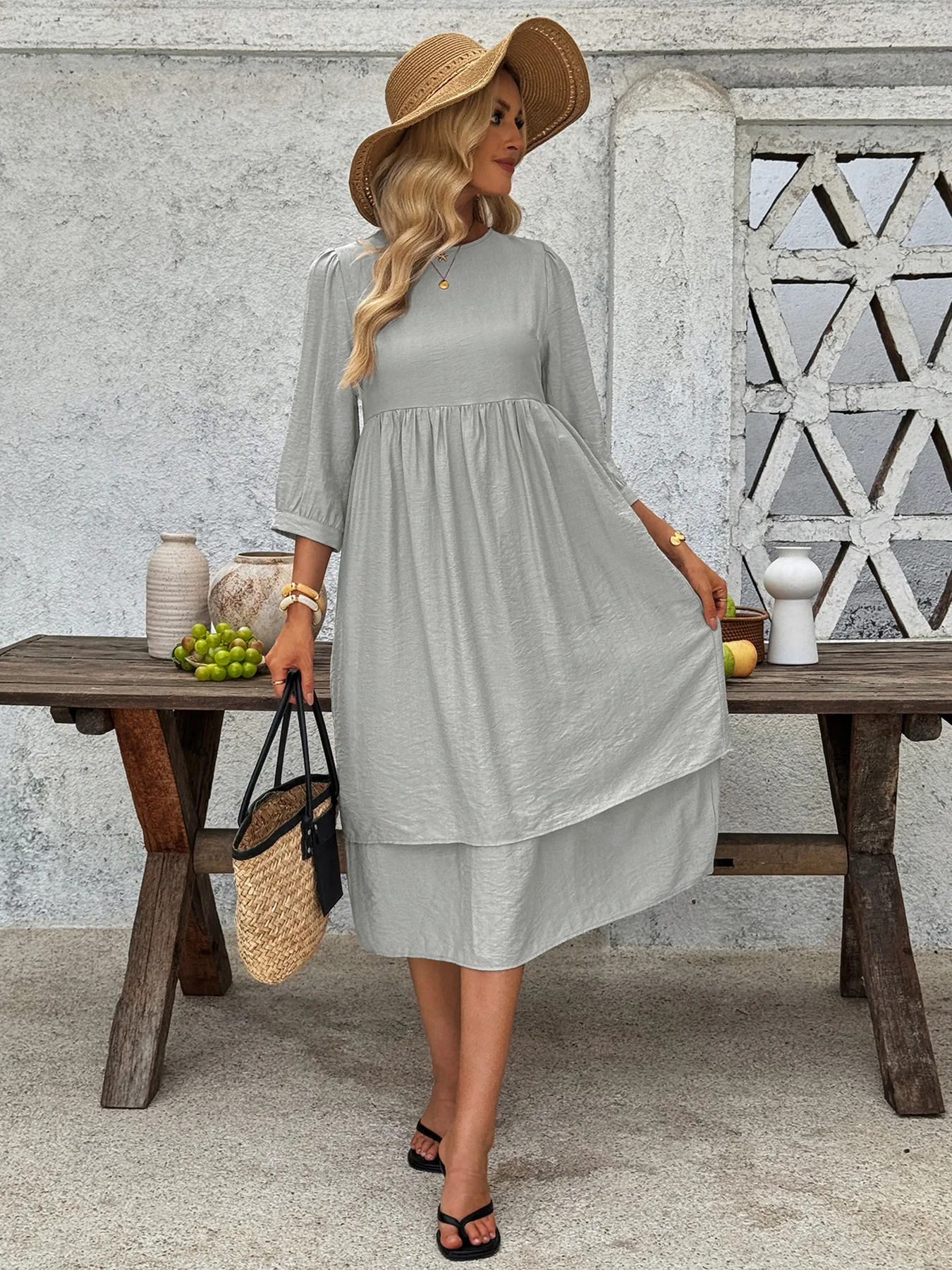 Vestido de outono feminino estilo praia vestidos longos 3/4 mangas solto ajuste flowy em camadas bainha tecido macio na moda praia férias vestido