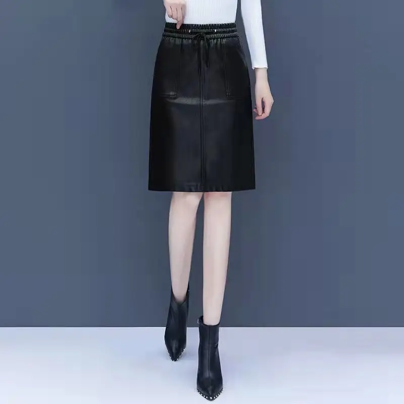 

Temperament Autumn/Winter New Women Solid Elastic High Waist Diamonds Embroidered Bow Simplicity Fashion Pu Leather A-line Skirt