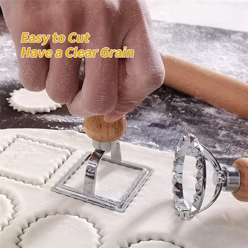 BOFO Juego de cortador de pasta para raviolis, máquina para hacer sellos de raviolis con mango de madera para raviolis, pasta, albóndigas, lasaña, Pierogi
