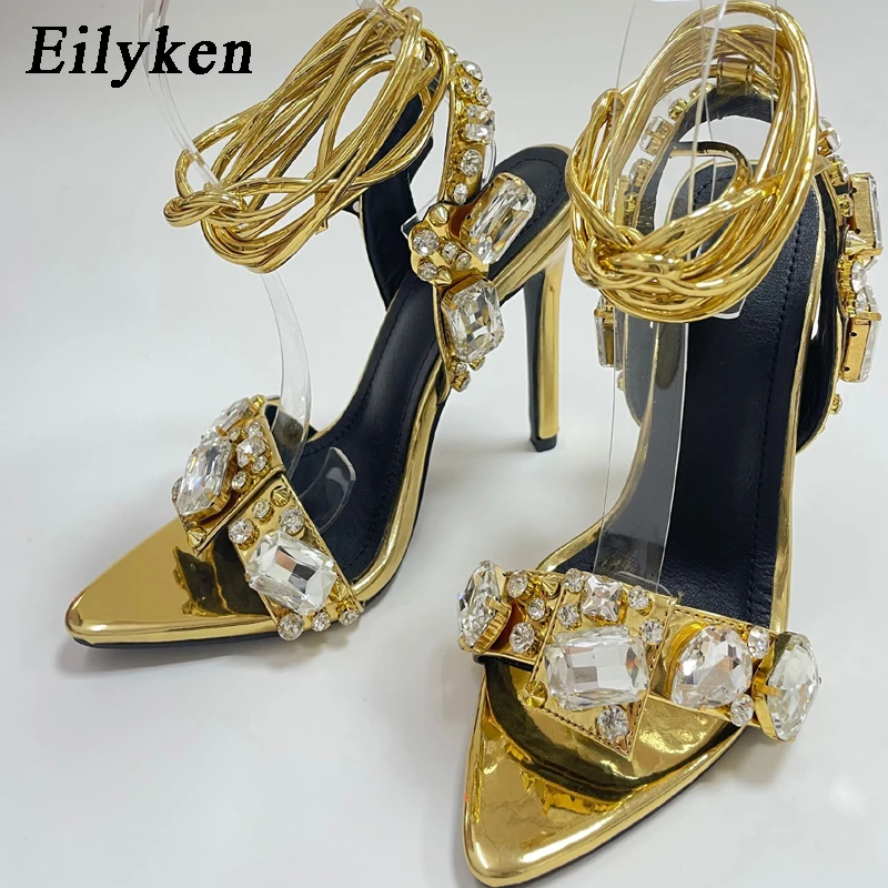 Eilyken Golden Ankle Lace-Up Women Sandals Summer Sexy Crystal Rhinestones Pointed Toe Wedding Party Shoes Ladies Stilettos