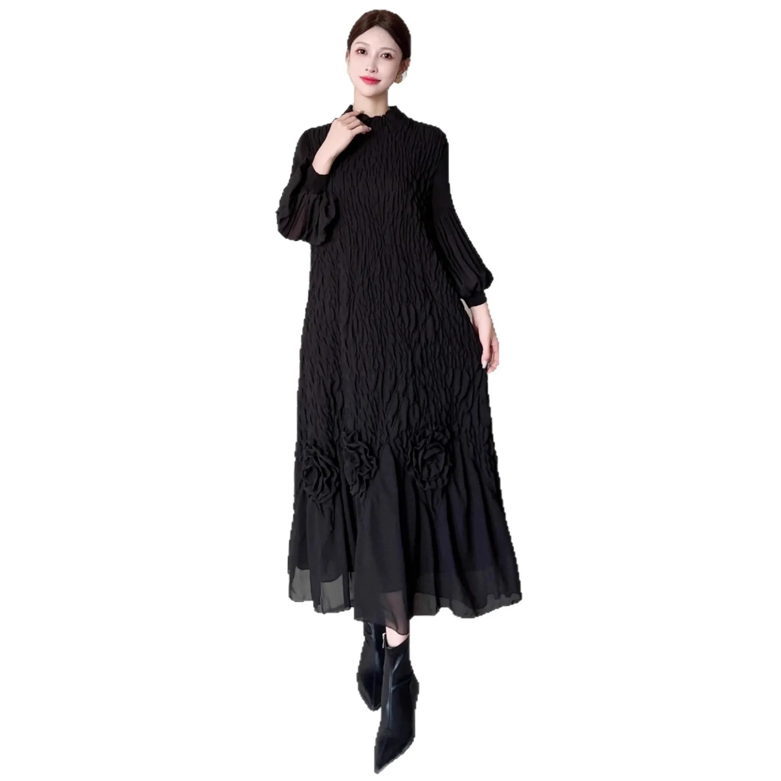 Miyake plissé 2025 nouvelle robe ample grande taille femmes à manches longues automne et hiver tempérament à la mode longue jupe de Base