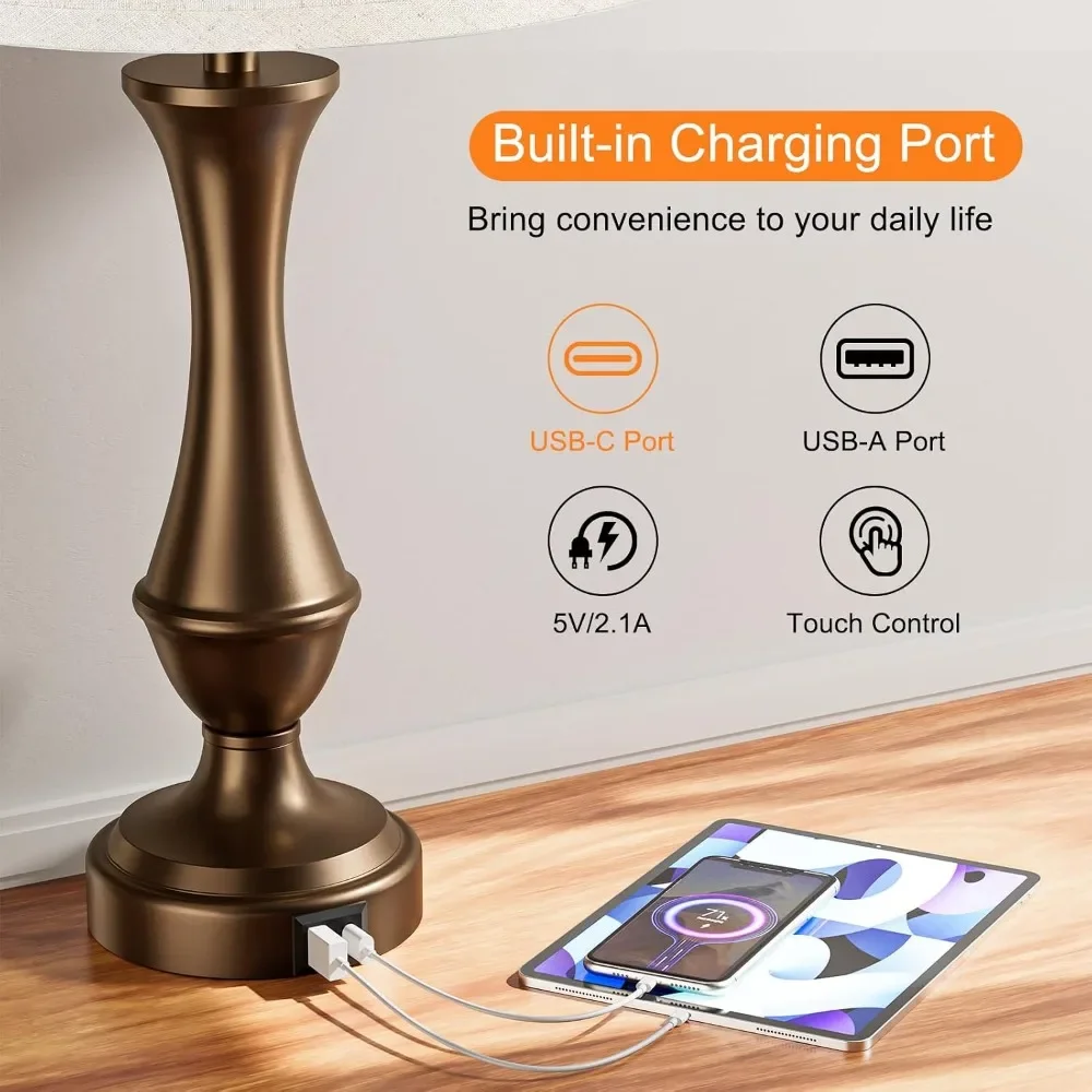 Upgraded Touch Lamps for Night Stands Set of 2 - Bedside Lamps with USB C+A, 3 Way Dimmable for Bedroom Living Room End Tables Office (Beige & Brown) view 3