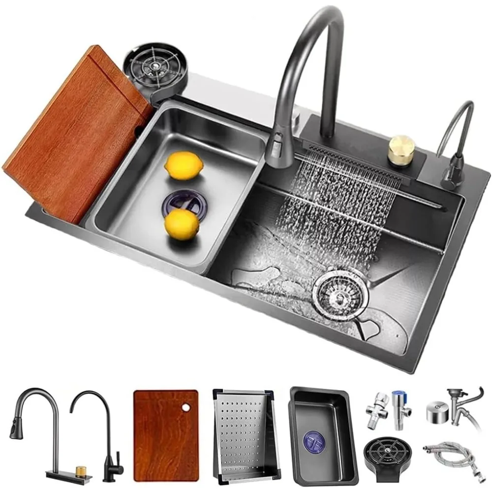 

sink steel 304 stainless single bowl sinks kitchen black square flying rain waterfall undermount workstation sink