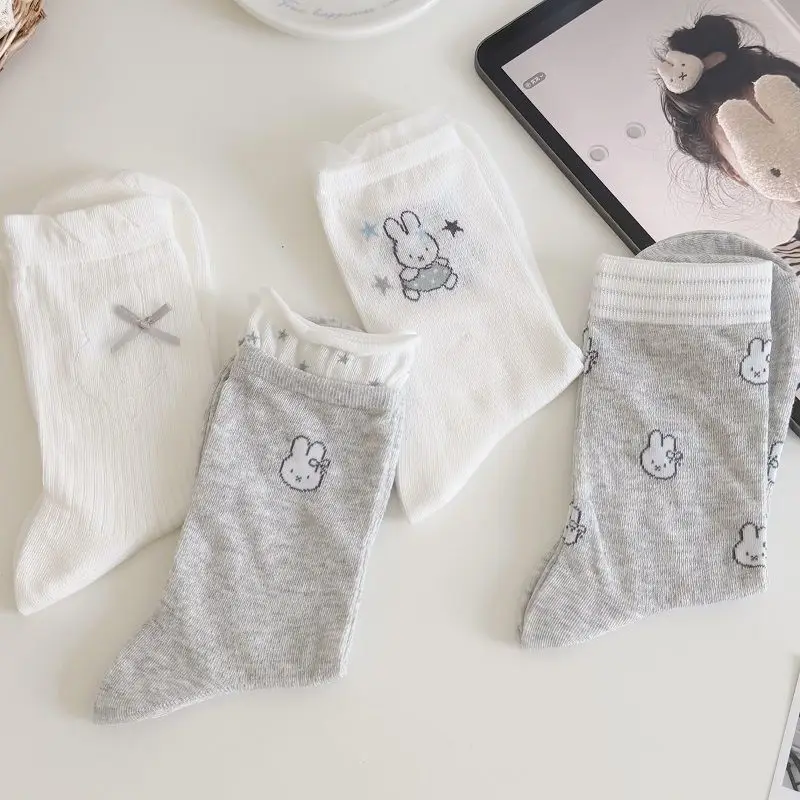 Cute Miffy Crew Socks for Girls, Summer Thin Mesh, White & Gray Cartoon Style view 5