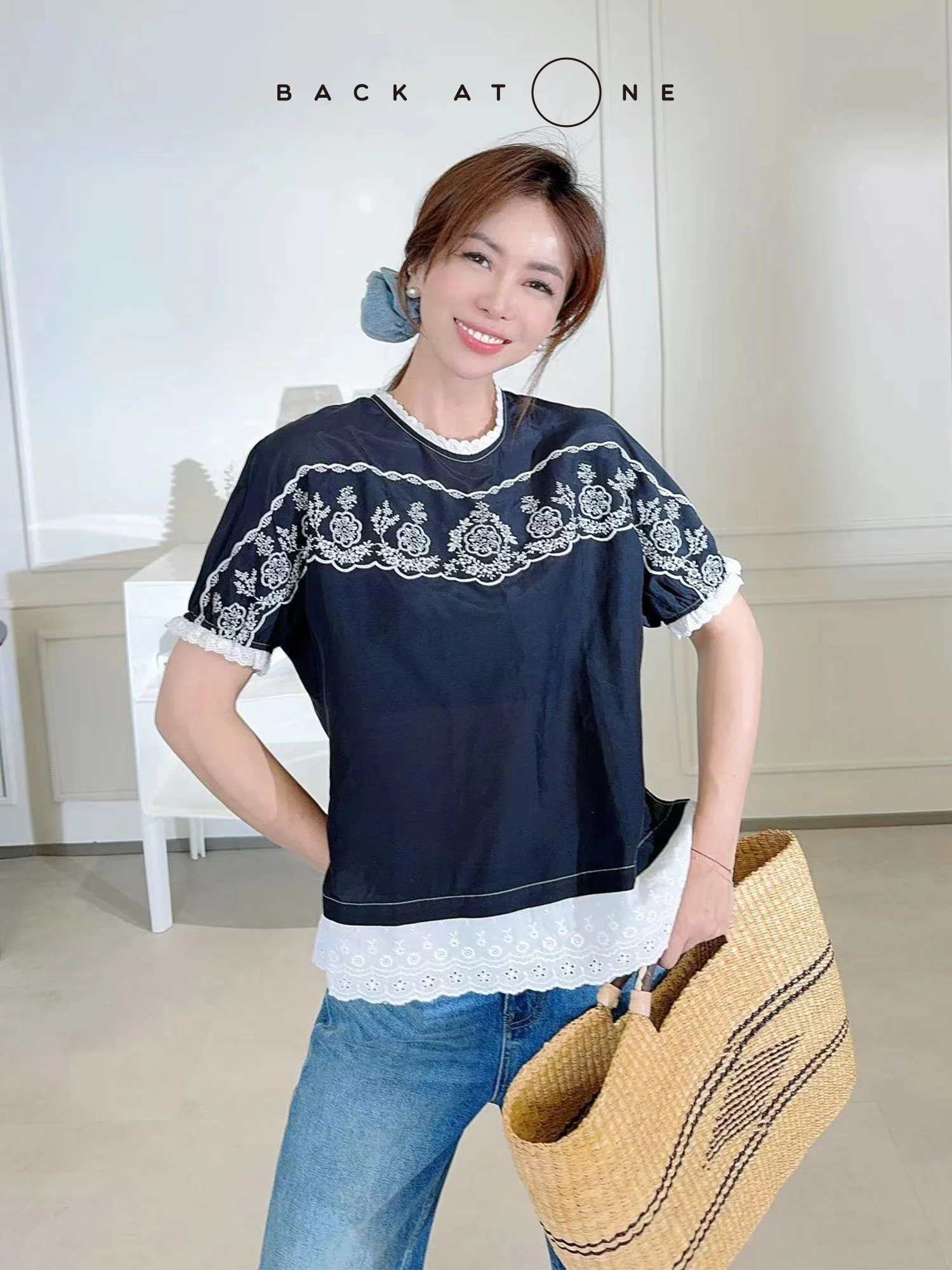 

Футболка Faionable Color Blo с шелковой хлопковой кружевной отделкой от Tang Jialing «Garden Fun», летняя повседневная свободная посадка, круглый ...