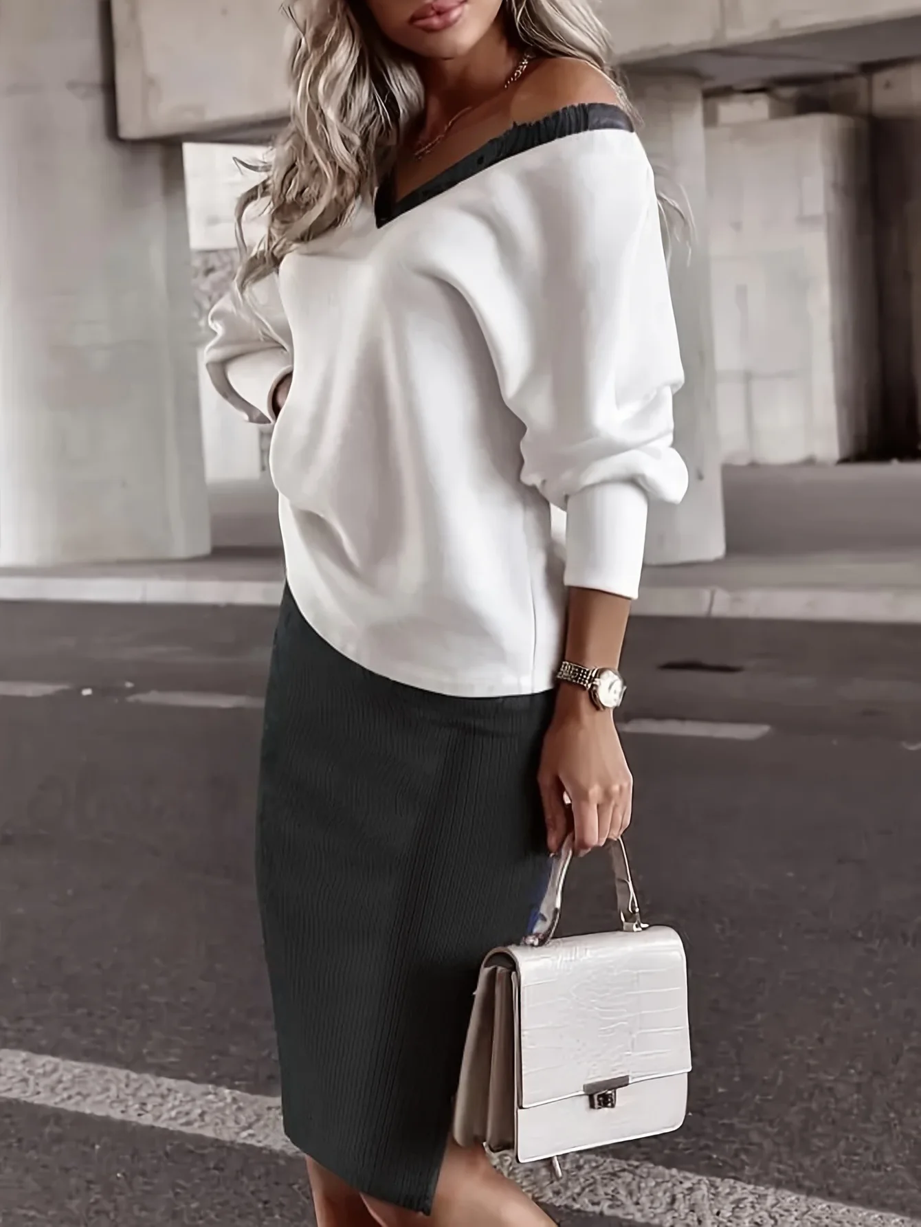 Элегантный пригородный комплект из двух предметов, свободный комплект с v-образным вырезом и длинными рукавами ​ ​ Пуловер Толстовка Модный однотонный комплект с разрезом и юбкой-карандашом