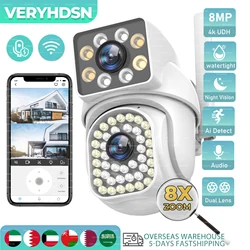 Dual Lens Screen Câmera CCTV IP ao ar livre, Auto Rastreamento, Proteção de Segurança Doméstica, Detecção de Movimento, WiFi, PTZ, 8MP HD, 4K