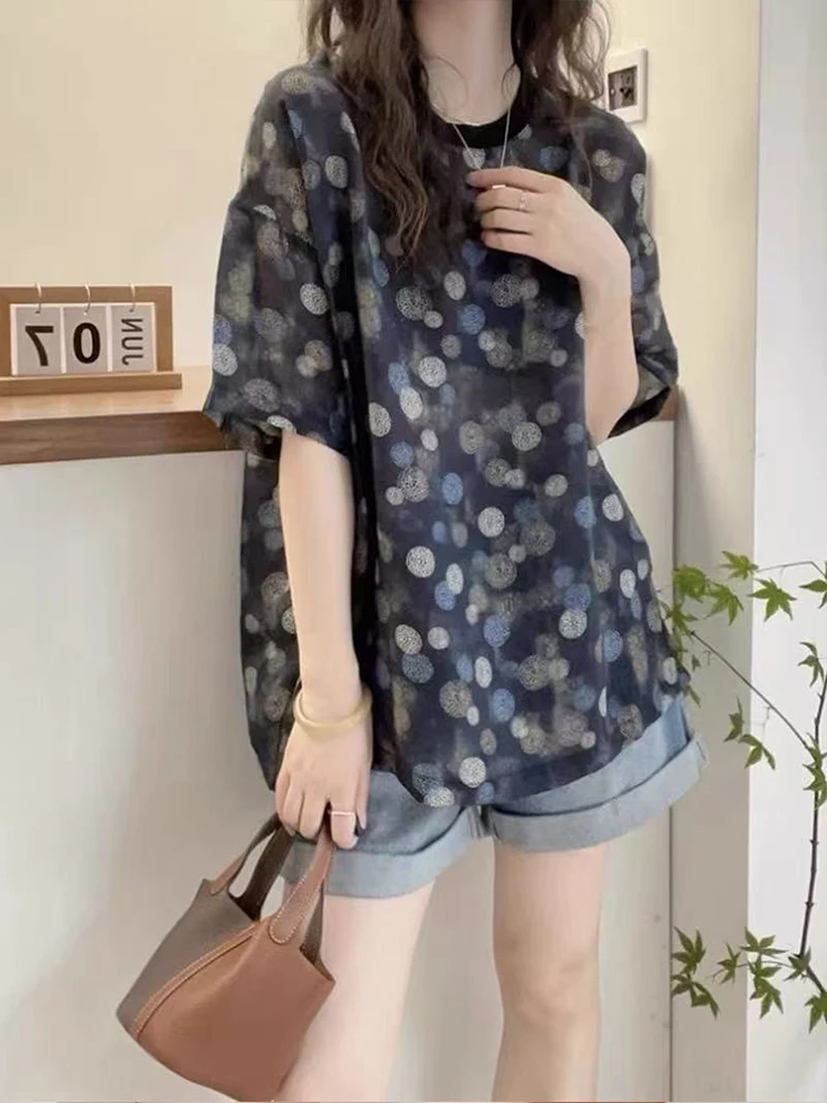 Retro Polka Dot Print ort Sve Women's T-irt Loose Fit Summer Casual round Ne Top Slimming Large Size Comfortable