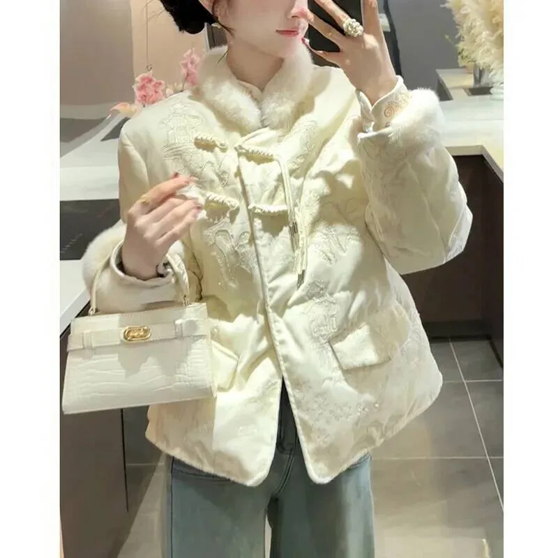 جديد الثقيلة التطريز سترة قطن المرأة الشتاء أزياء ملابس خارجية الوقوف طوق كم طويل فضفاضة تناسب معطف نمط بولو #4