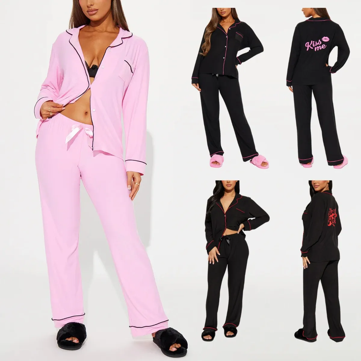 Women Matching Pajama Printed Sleepwear Set Long Pants Casual Loungewear Set Pink Wide Leg Pajama Black Button Front Women's