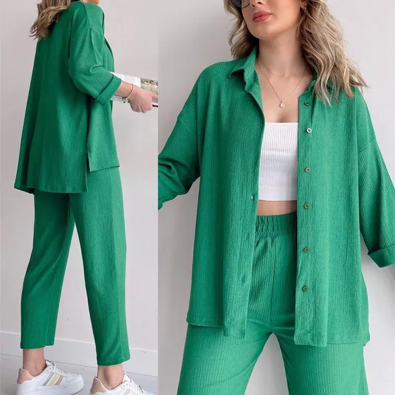 2024 Spring Plus Size Blouse and Pants Set for Women Casual Loose Two Piece Set Top and Pants Female Suit Shirt and Pants Set