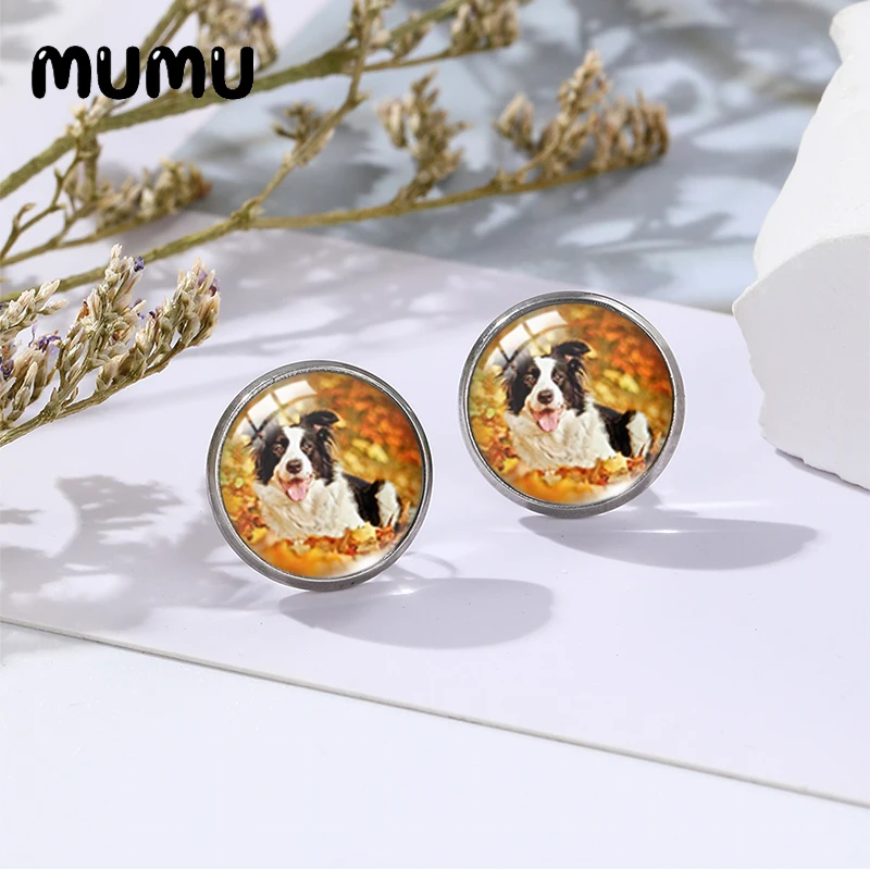 2023 New Border Collie Earring Little Animal Lovers Stud Earrings Glass Dome Cabochon Jewelry 12mm Round For Freinds