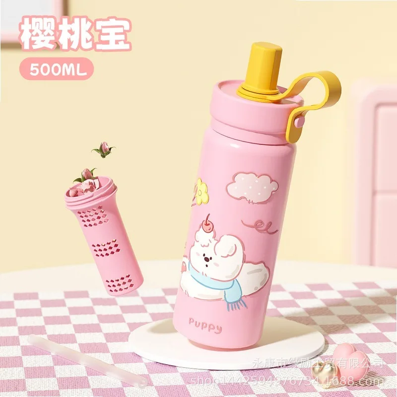 High looks quotient316Stainless Steel Macaron InsulatedCup Cartoon Cute Kids Students Water Bottle Portable Handle Flower TeaMug