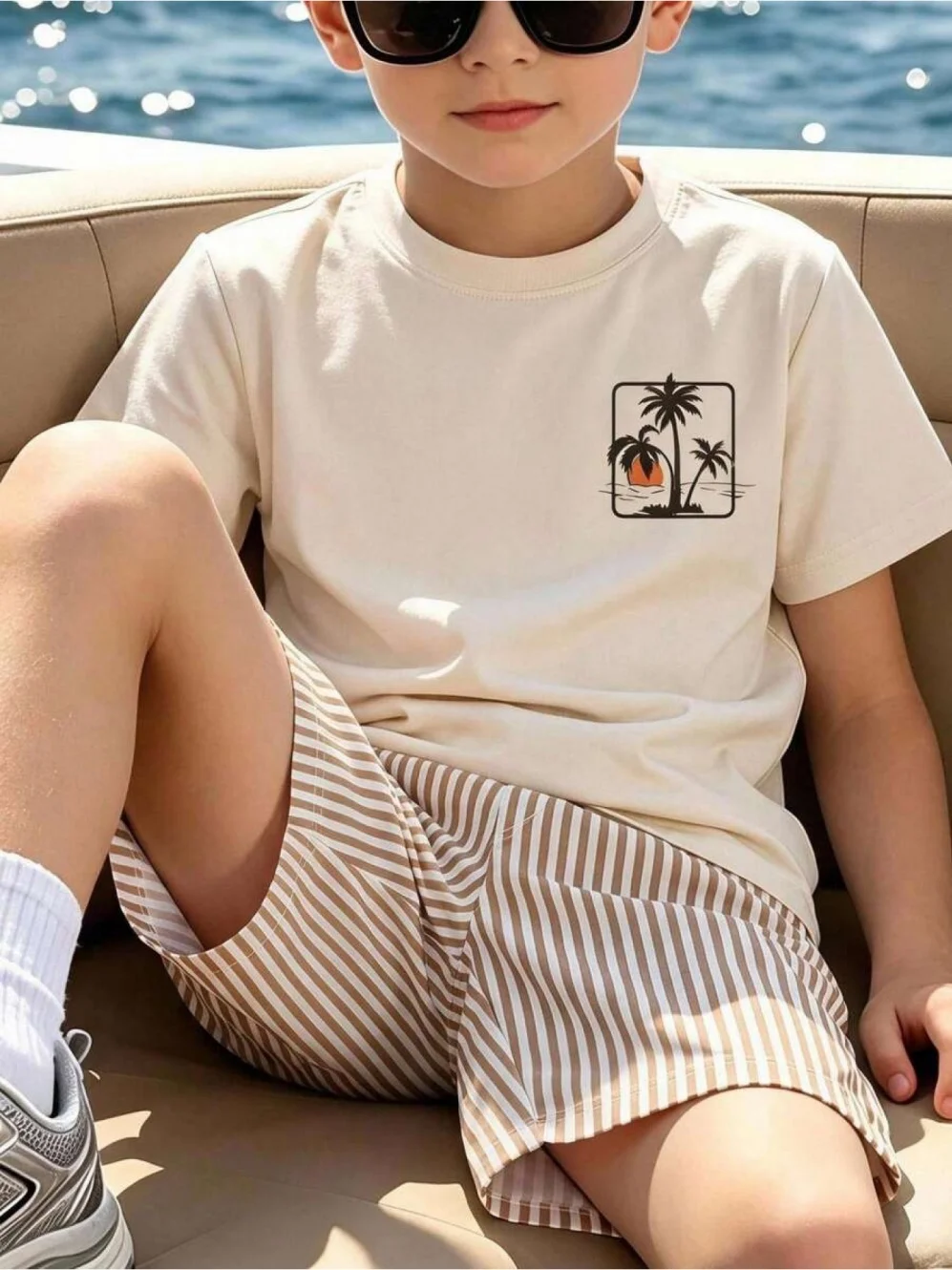 Neue Sommer-Kinderkleidung für Jungen, verspieltes Muster, Rundhalsausschnitt, kurzärmeliges Oberteil, gewellte Streifen-Shorts, bequeme Kinderkleidung – Detail 3