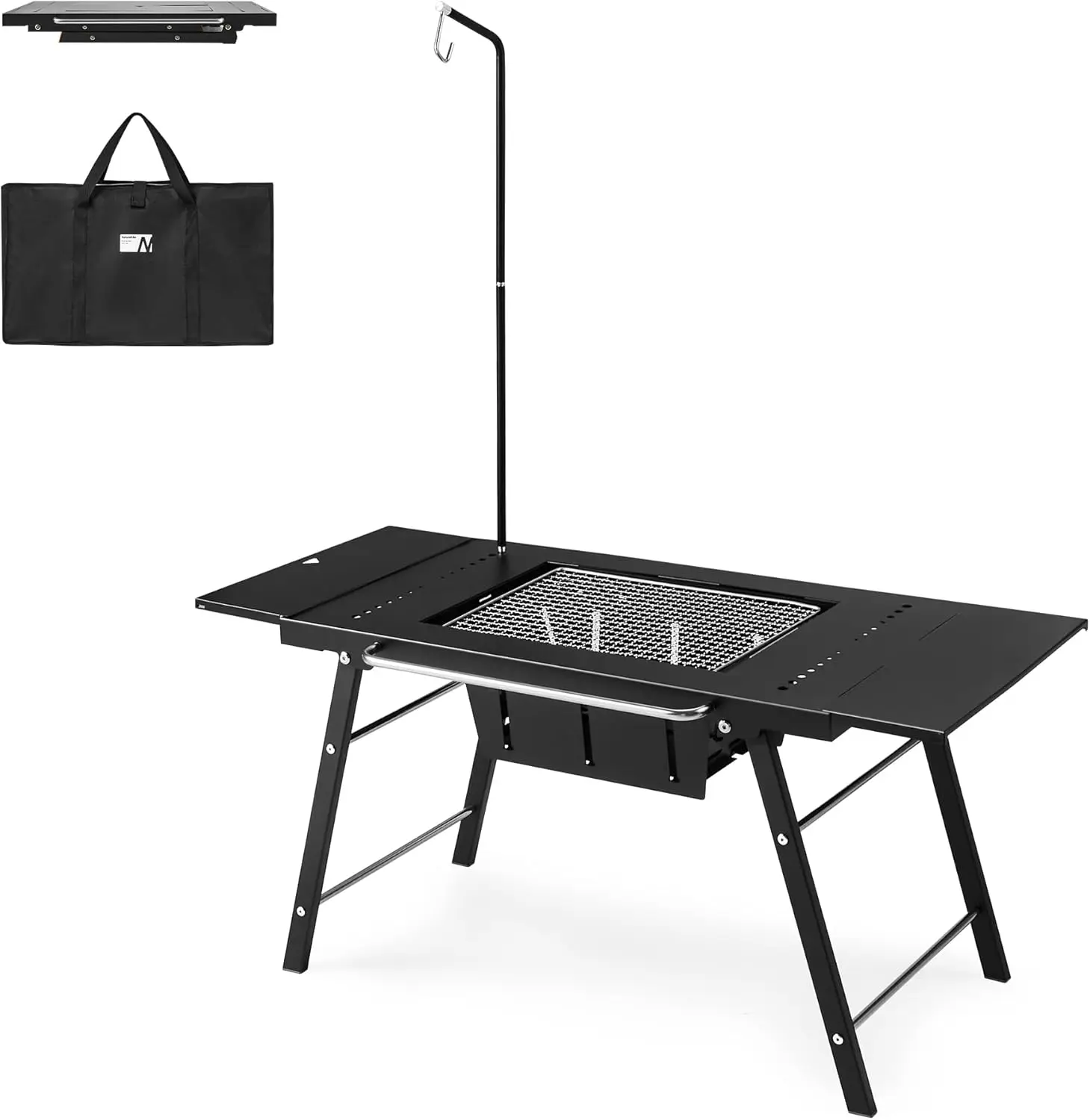 

Portable IGT Table with Charcoal Grill, Folding Camping Table and BBQ Grill with Desk Extension & Lantern Stand for Outdoor Barbecue Camping