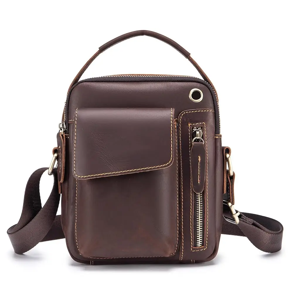 

Genuine Leather Shoulder Bag Small Men Messenger Pack Handbag Sling Crossbody Bag Man Purse for Business