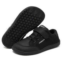 HOBIBEAR Kids Wide Toe Barefoot Shoes Boys Girls Minimalist Sneakers Lightweight Hook Loop Mesh Artificial Leather Shoes