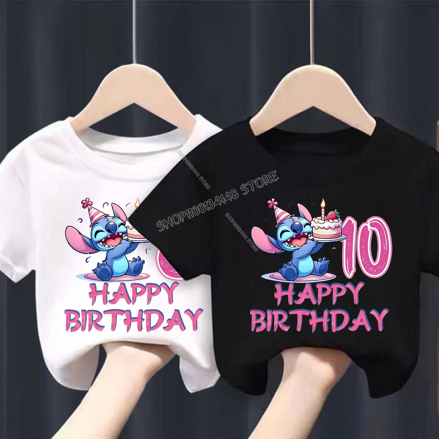 

Disney Stitch T-shirt Children Cute Birthday Figure Tee Black White Cotton T-shirt Fashion Cartoon Short Sleeve Loose Clothing